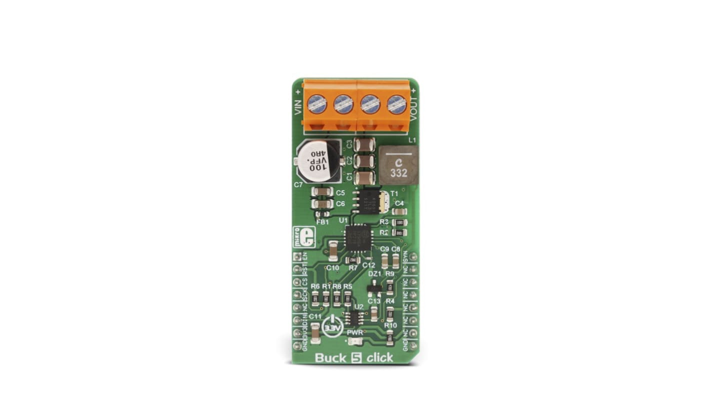 Development Kit Buck 5 Click for use with Distributed Power Supply Regulation, General Points Of Load, Regulated Power