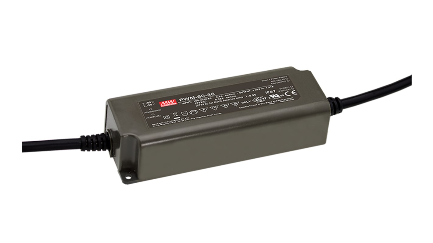 Driver LED tensión constante MEAN WELL PWM-60 de salidas, IN: 127 → 431 V dc, 90 → 305 V ac, OUT: 12V,