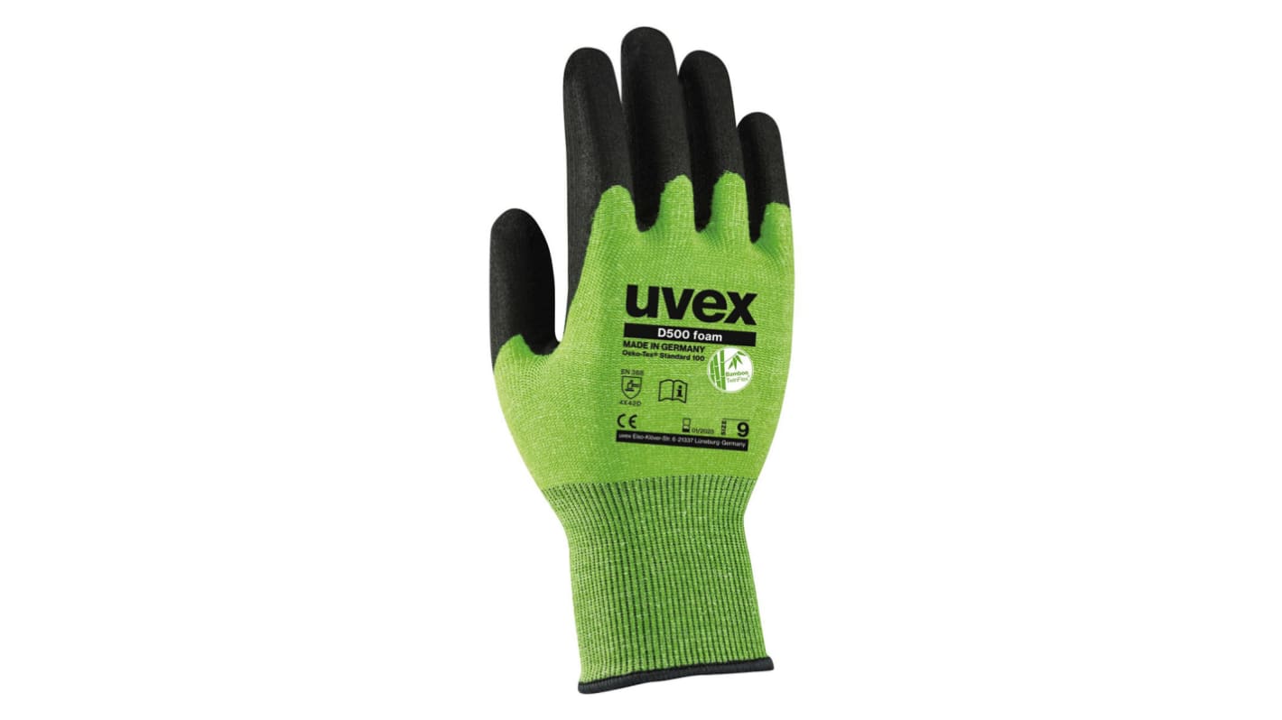 Uvex D500 foam Green Polyamide Cut Resistant Work Gloves, Size 10, Large, Latex Foam Coating