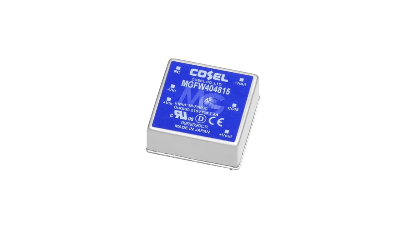 Cosel MGFW40 DC-DC Converter, ±15V dc/ 1A Output, 4.5 → 13 V dc Input, 30W, PCB Mount, +85°C Max Temp -40°C Min