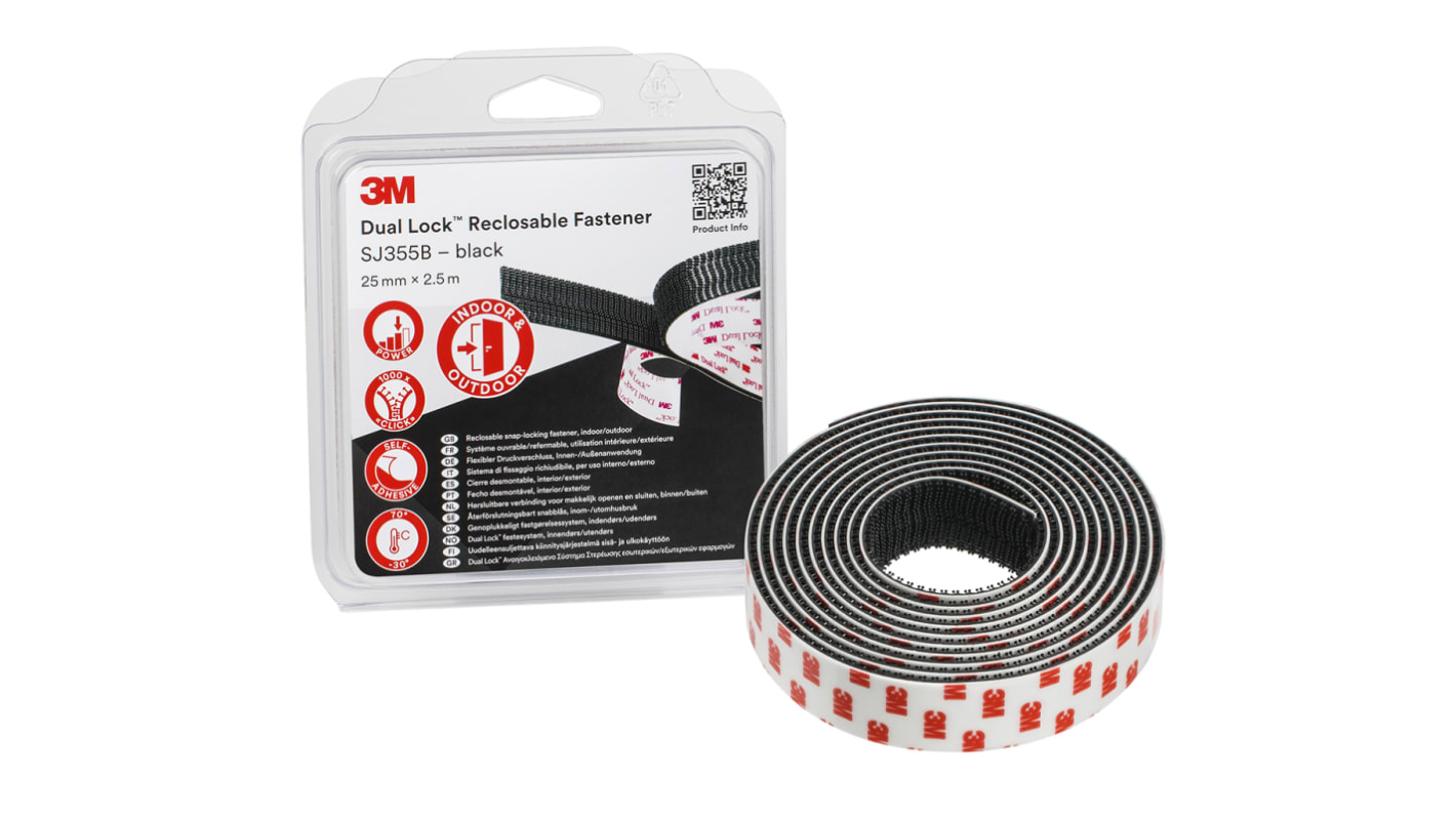 3M Black Hook & Loop Tape, 25mm x 2.5m