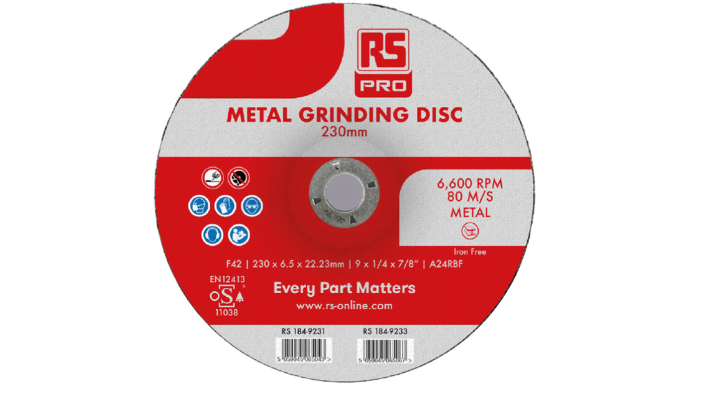 RS PRO Aluminium Oxide Grinding Disc, 230mm x 6.5mm Thick, P60 Grit, 5