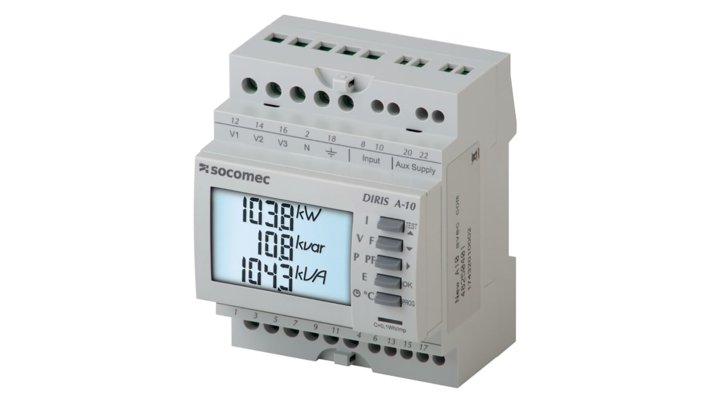 Medidor de energía Socomec serie DIRIS A10, display LCD retroiluminado, precisión 0,1 (frecuencia) %, 0,2 (Corriente)
