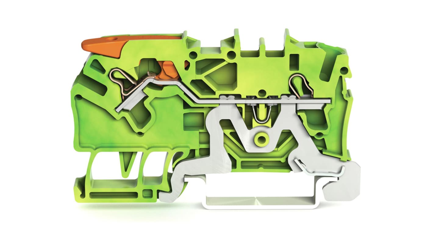 Wago TOPJOB S, 2102 Series Green/Yellow Earth Terminal Block, 2.5mm², Single-Level, Push-In Cage Clamp Termination,