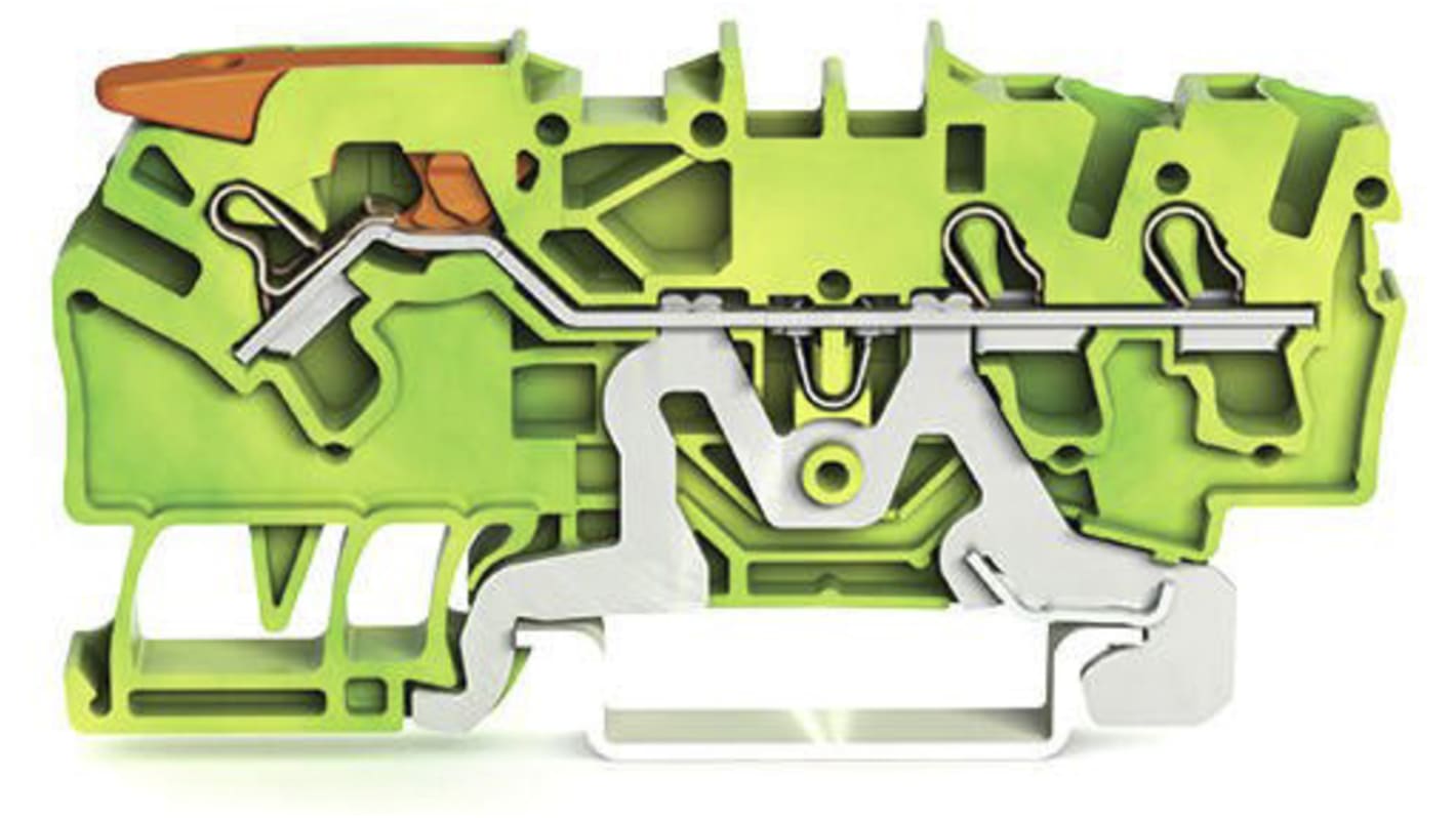 Wago TOPJOB S, 2102 Series Green/Yellow Earth Terminal Block, 2.5mm², Single-Level, Push-In Cage Clamp Termination,