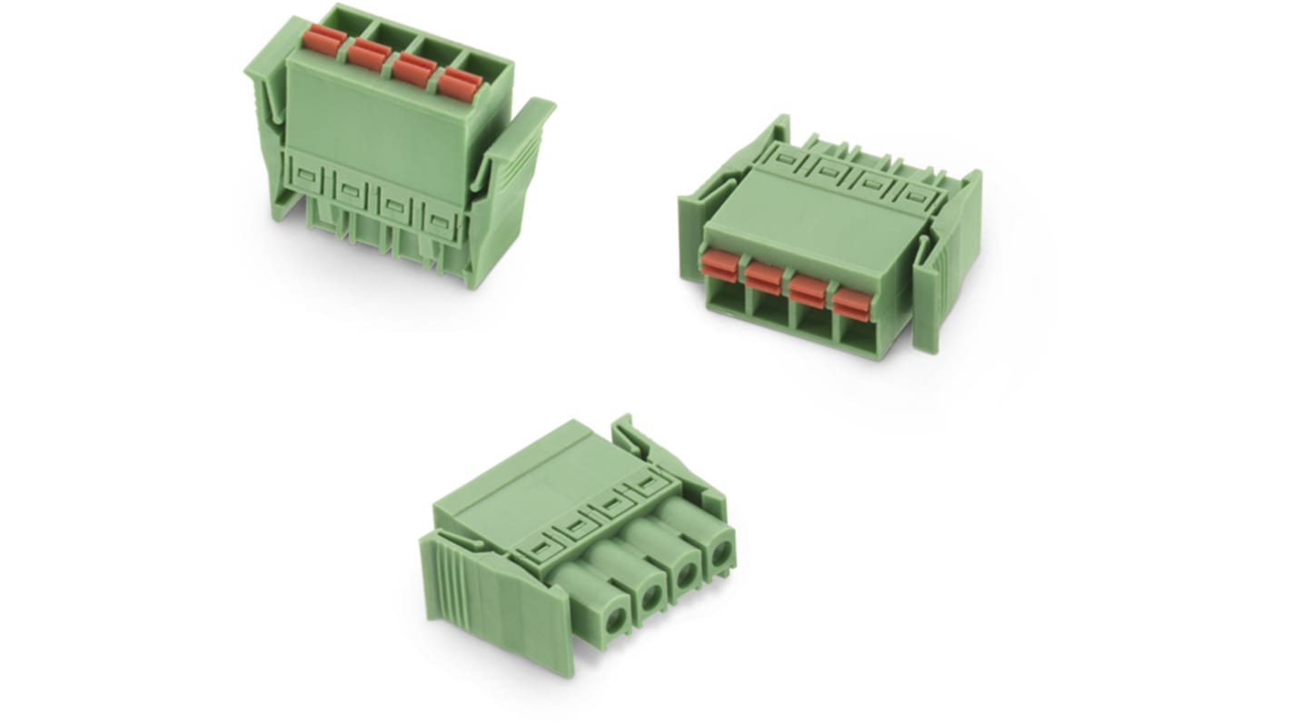 Borne enchufable para PCB Macho Wurth Elektronik de 4 vías , paso 5.08mm, 16A, de color Verde, montaje de cable,