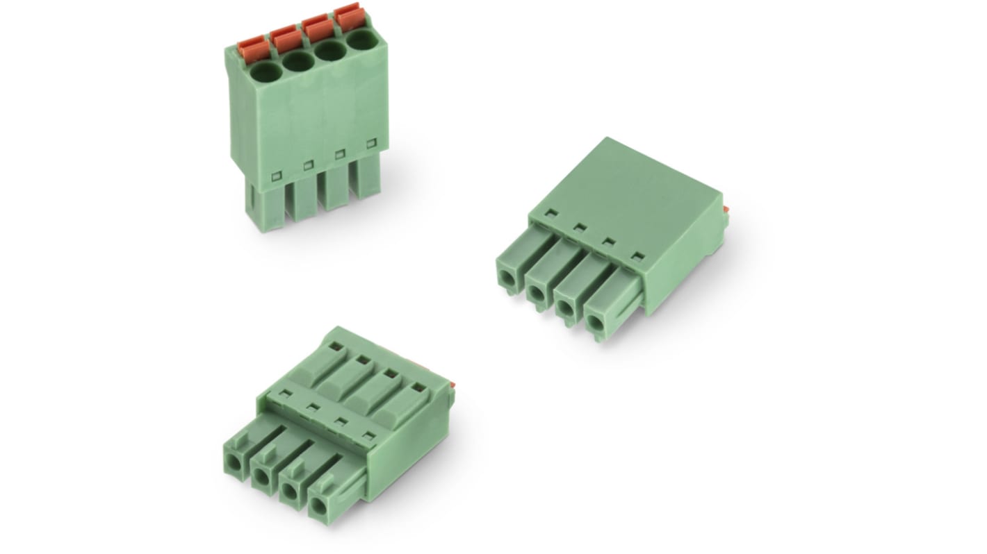 Borne enchufable para PCB Macho Wurth Elektronik de 4 vías , paso 3.81mm, 12A, de color Verde, montaje de cable,