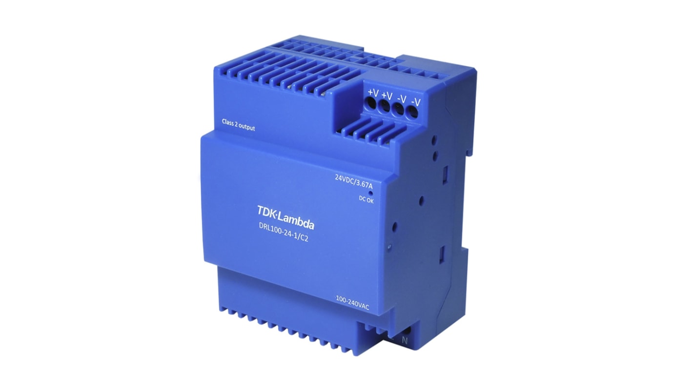 TDK-Lambda DRL10-100 DIN Rail Power Supply, 85 → 264V ac ac Input, 24V dc dc Output, 3.67A Output, 100W