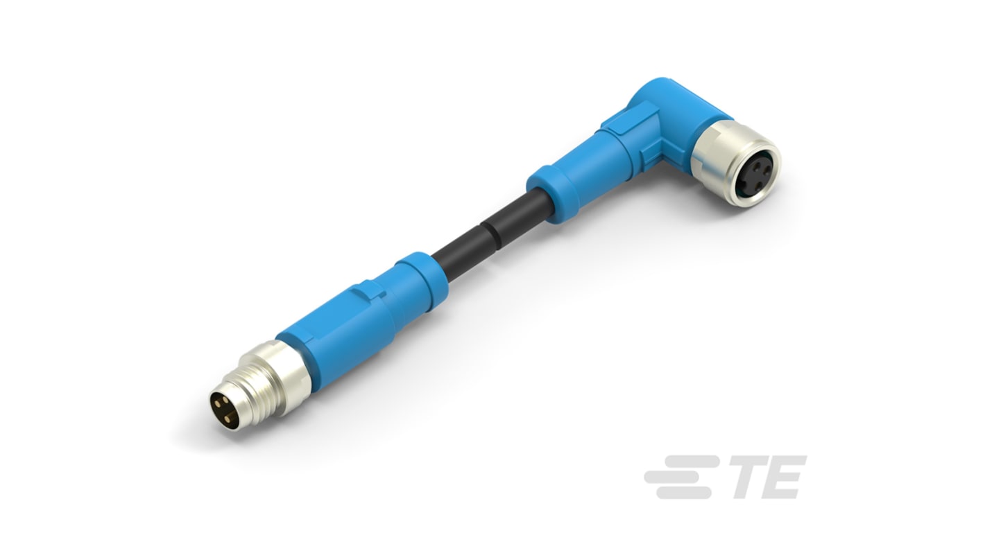 TE Connectivity Right Angle Female; Male 3 way M8 to Straight 3 way M8 Sensor Actuator Cable, 500mm