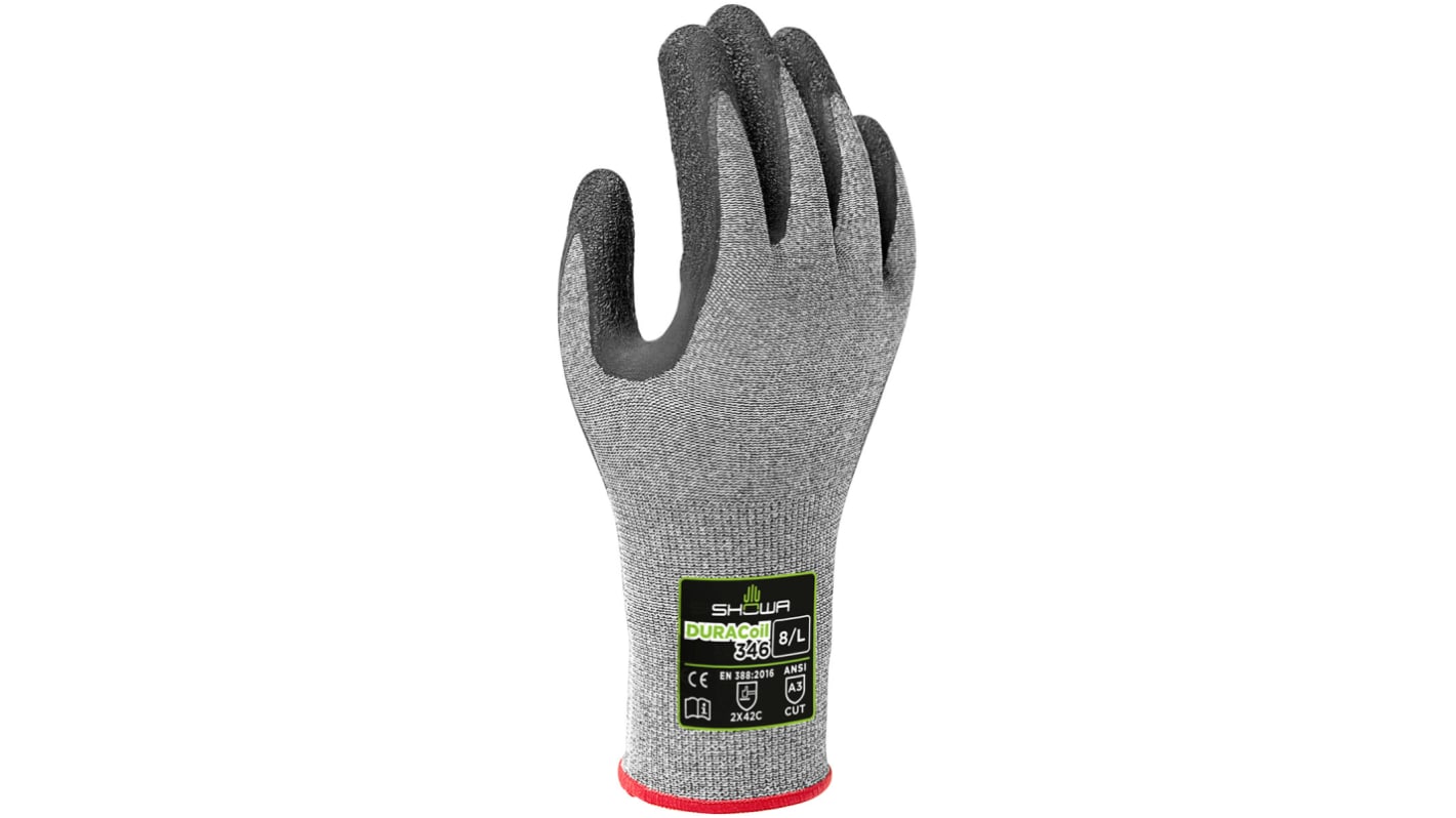 Guantes de trabajo de HPPE, Poliéster Gris Showa serie Duracoil, talla 7, con recubrimiento de Espuma de látex