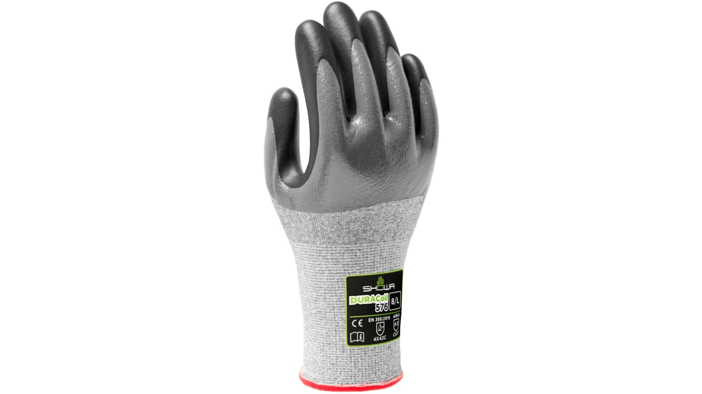 Showa Duracoil Grey HPPE, Polyester Cut Resistant Work Gloves, Size 7, Small, Nitrile Coating