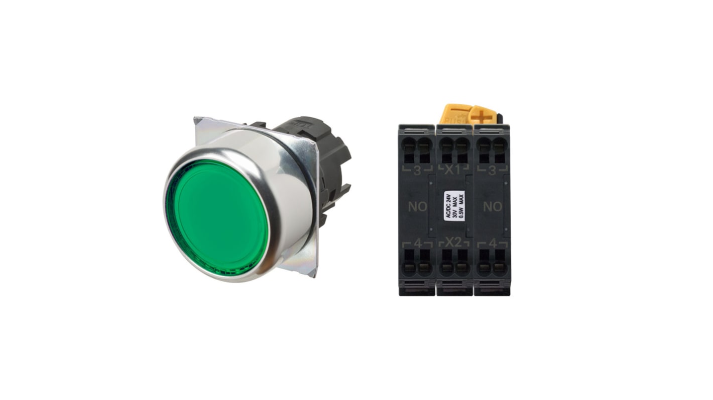 Omron A22N Series Illuminated Push Button Complete Unit, Panel Mount, 22mm Cutout, DPST, IP66