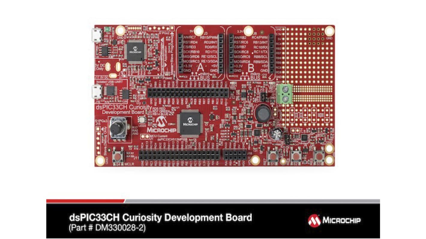 Placa de desarrollo dsPIC33CH Curiosity de Microchip, con núcleo MCU de 32 bits