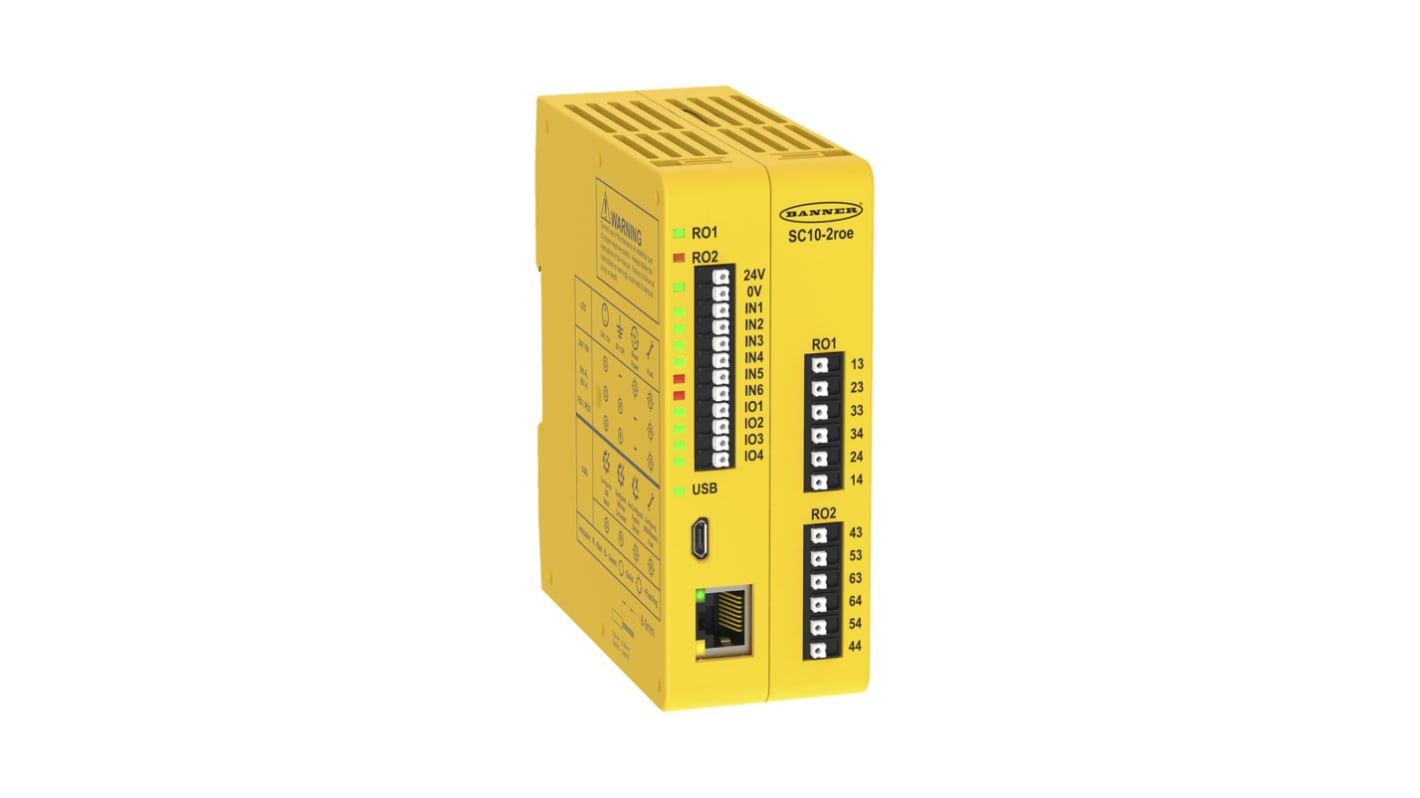 Controlador de seguridad Banner SC10-2, 10 E/2 S, cat. seguridad En ISO 13849, SIL 3, Modbus, Profibus, 24 V dc