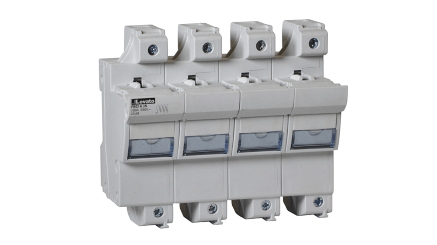 FB03A3N Lovato 100A Base Mount Fuse Holder for 22 x 58mm Fuse, 3P+N