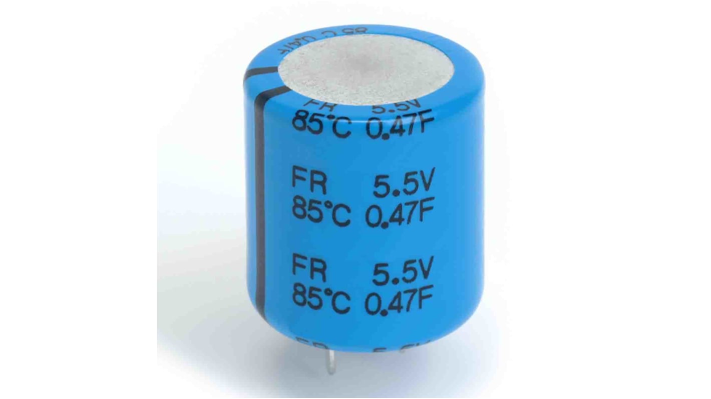 Supercondensateur, 0.1F, 5.5V c.c., Traversant, 14.5 (Dia.) x 15.5mm, pas de 5.08mm, -40 °C → +85 °C.