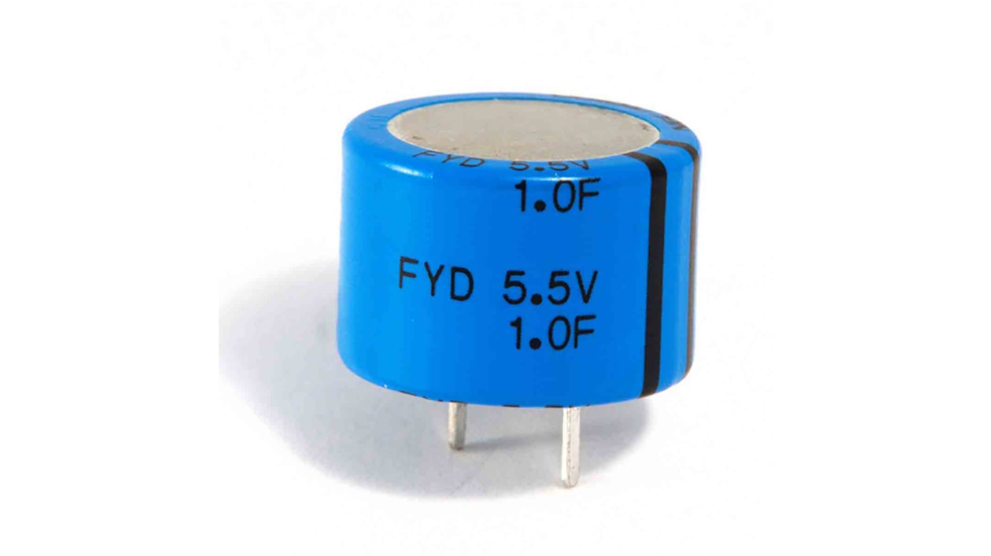 Supercondensateur, 47mF, 5.5V c.c., Traversant, 13 (Dia.) x 7mm, pas de 5.08mm, -25 °C → +70 °C.