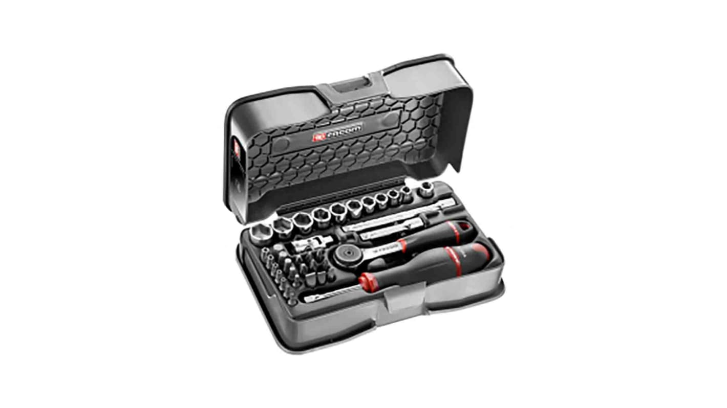 Facom 37-Piece Metric 1/4 in Standard Socket/Bit Set with Ratchet, 6 point; Hex Bit; Phillips Bit; Pozidriv Bit;