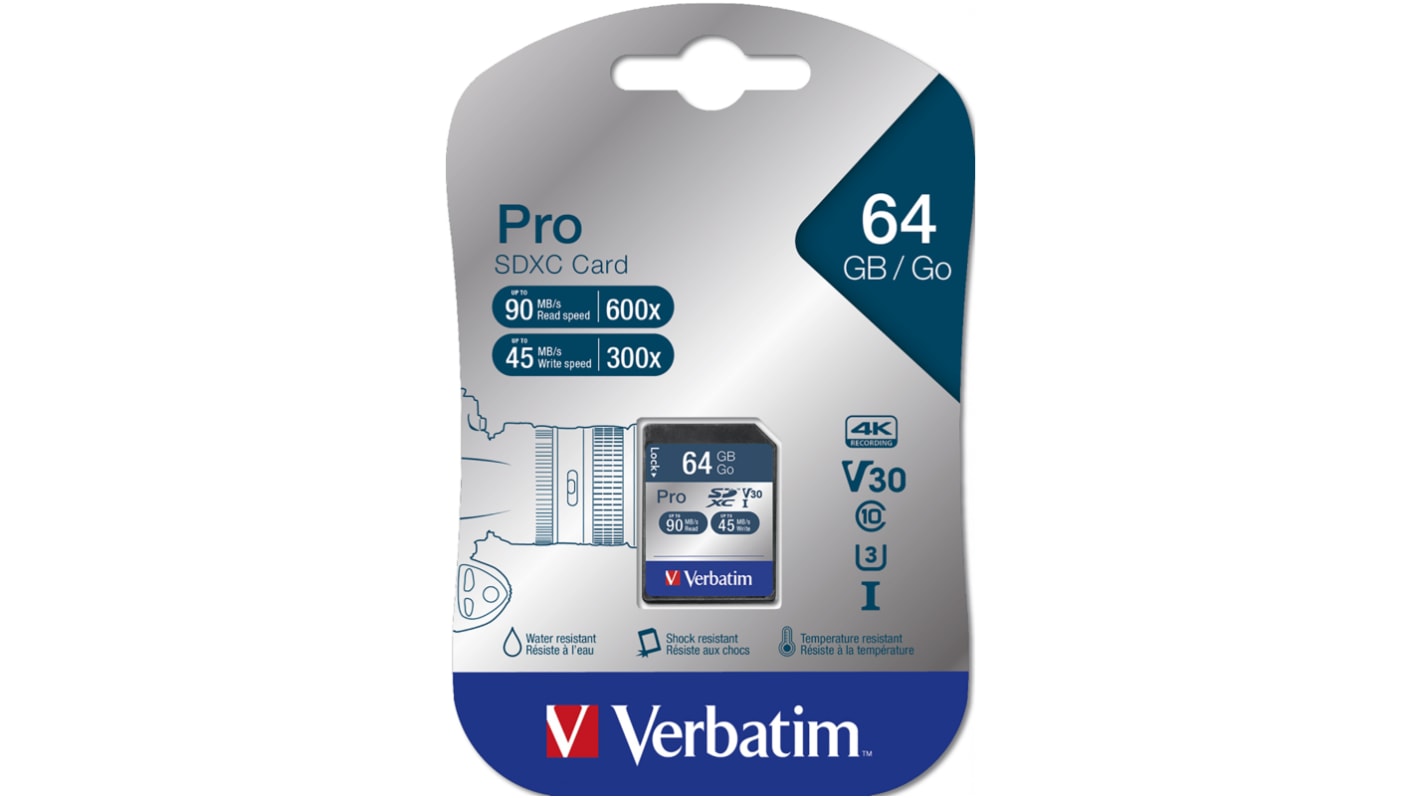 Karta SD SDXC, 64 GB XC, Verbatim PRO -25 → +50°C 600x