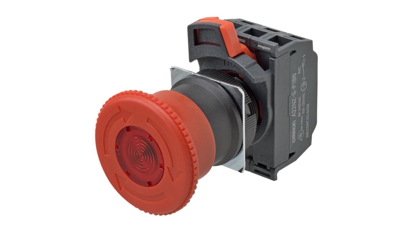 Omron A22NE-PD Series Twist Release Illuminated Emergency Stop Push Button, Panel Mount, 22mm Cutout, 2NC, IP65