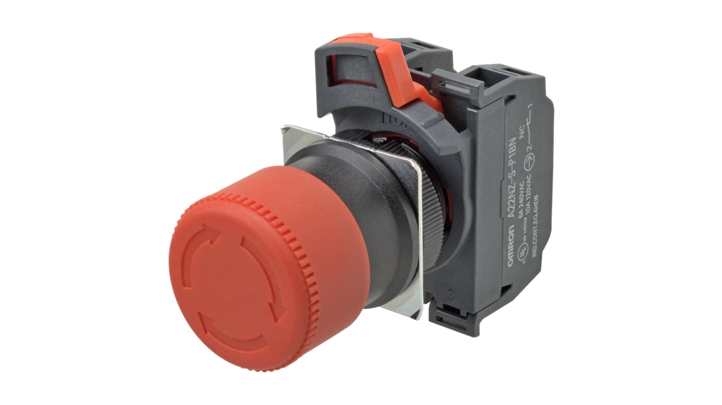 Omron A22NE-PD Series Twist Release Emergency Stop Push Button, Panel Mount, 22mm Cutout, 2NC, IP65
