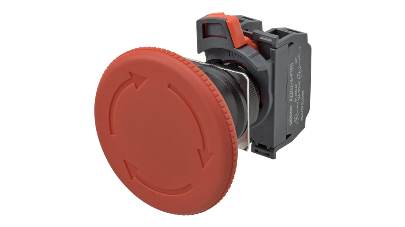 Omron A22NE-PD Series Twist Release Illuminated Emergency Stop Push Button, Panel Mount, 22mm Cutout, 2NC, IP65