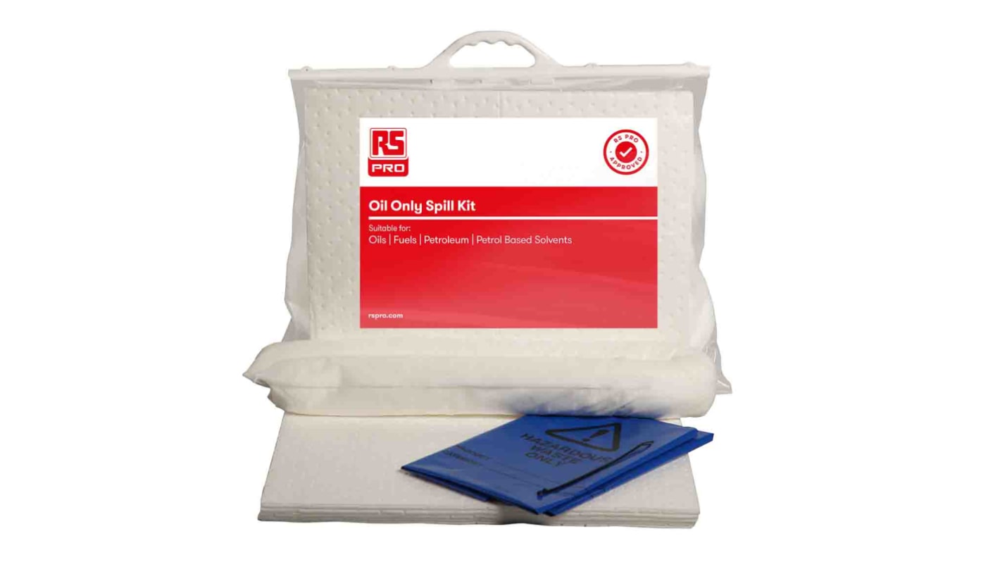 RS PRO kiömlés mentesítő készlet, csomag: 1 x 1,2 m Zokni, 1 x Haz, 10 X Fékbetét