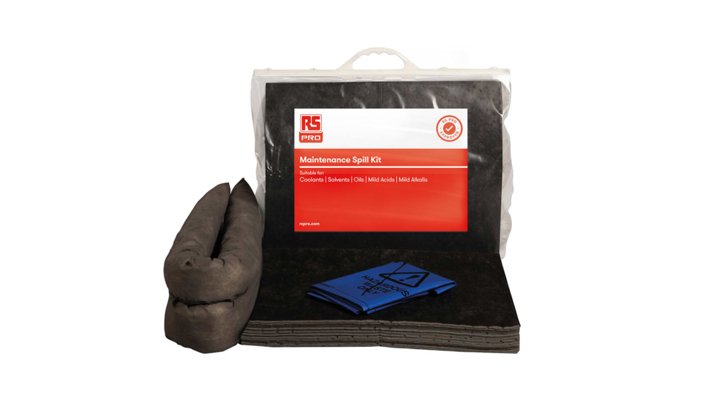 Kit para derrames RS PRO, contiene 1 x Haz, 2 x 1.2m Sock, 20 x Pads, capacidad de absorción 26 L, para mantenimiento