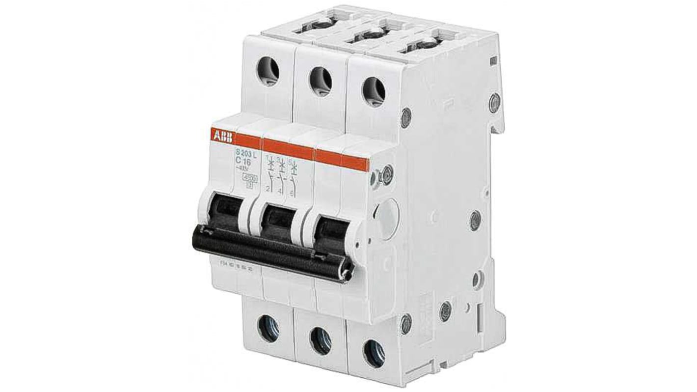 ABB System Pro M Compact S200L MCB, 3P, 16A Curve C, 400V AC, 6 kA Breaking Capacity