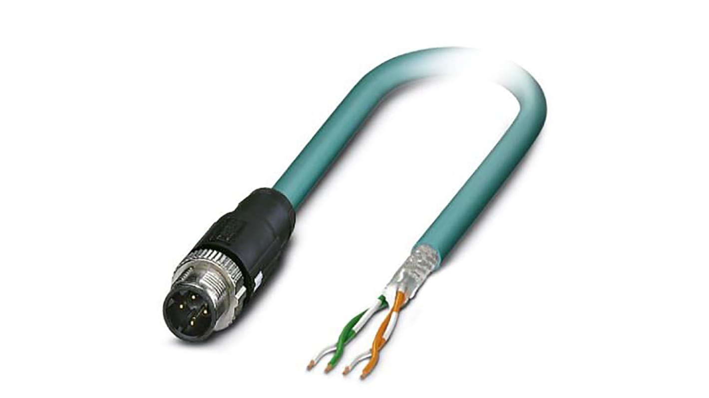 Phoenix Contact Cat5 Straight Male M12 to Unterminated Ethernet Cable, Aluminium Foil, Tinned Copper Braid, Blue, 2m,