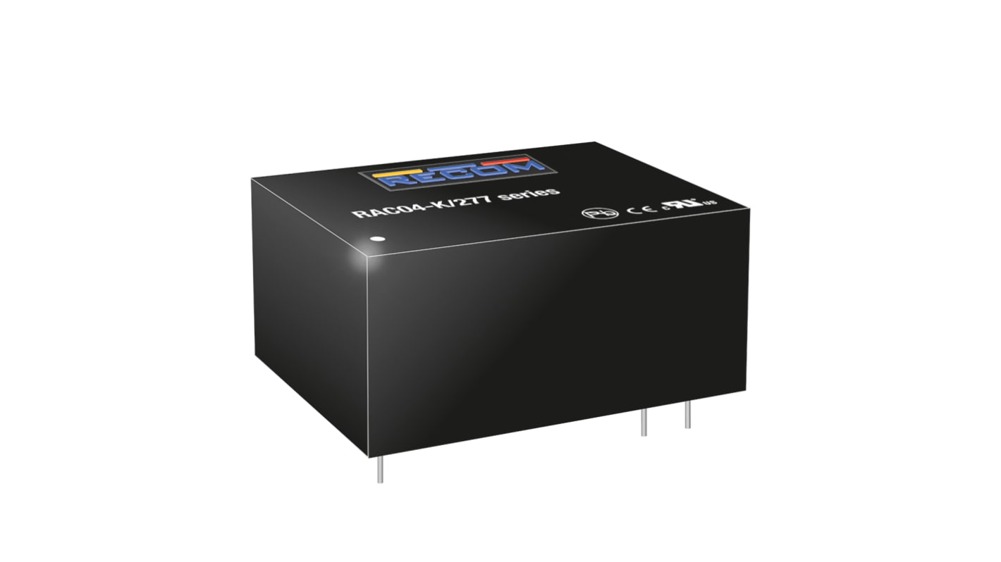 Recom Switching Power Supply, RAC04-12SK/277, 12V dc, 333mA, 4W, 1 Output, 80 → 305V ac Input Voltage