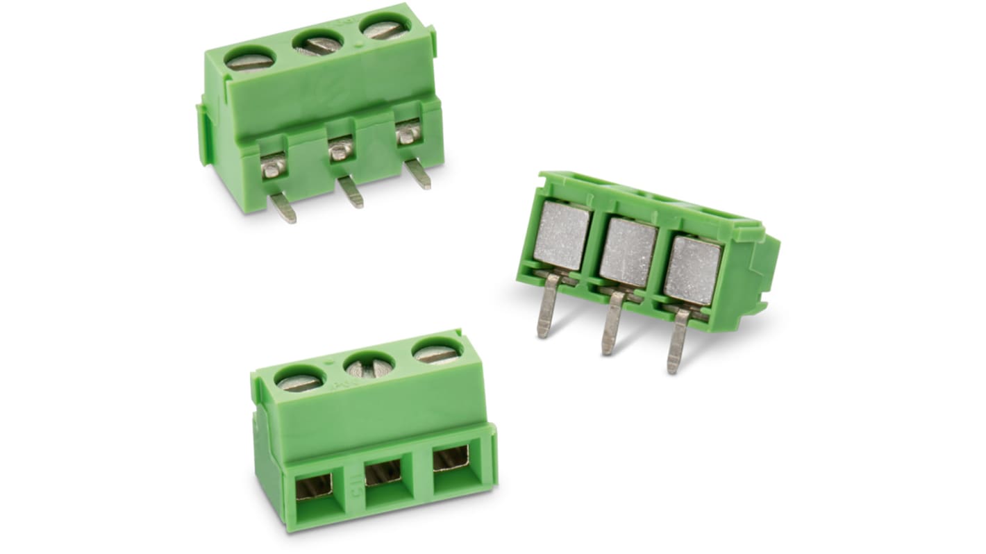 Borne para PCB Wurth Elektronik de 3 vías , paso 5.08mm, 14A, de color Verde, montaje Montaje en orificio pasante,