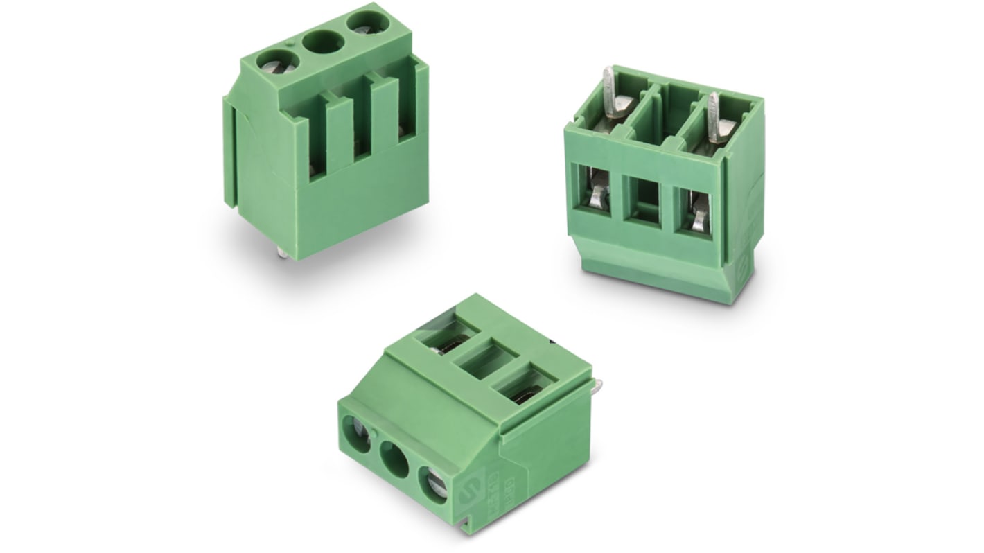 Borne para PCB Wurth Elektronik de 2 vías , paso 10.16mm, 20A, de color Verde, montaje Montaje en orificio pasante,