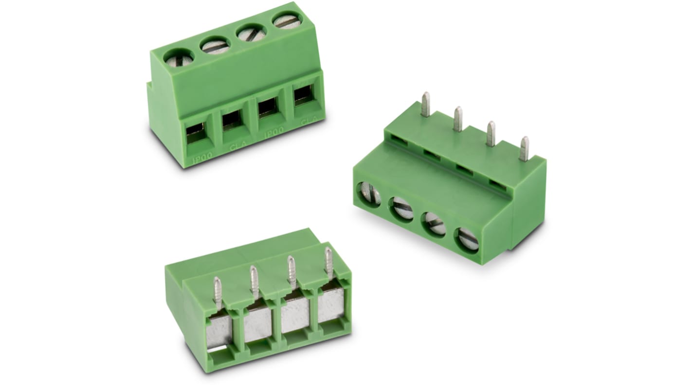 Borne para PCB Wurth Elektronik de 4 vías , paso 5.08mm, 14A, de color Verde, montaje Montaje en orificio pasante,