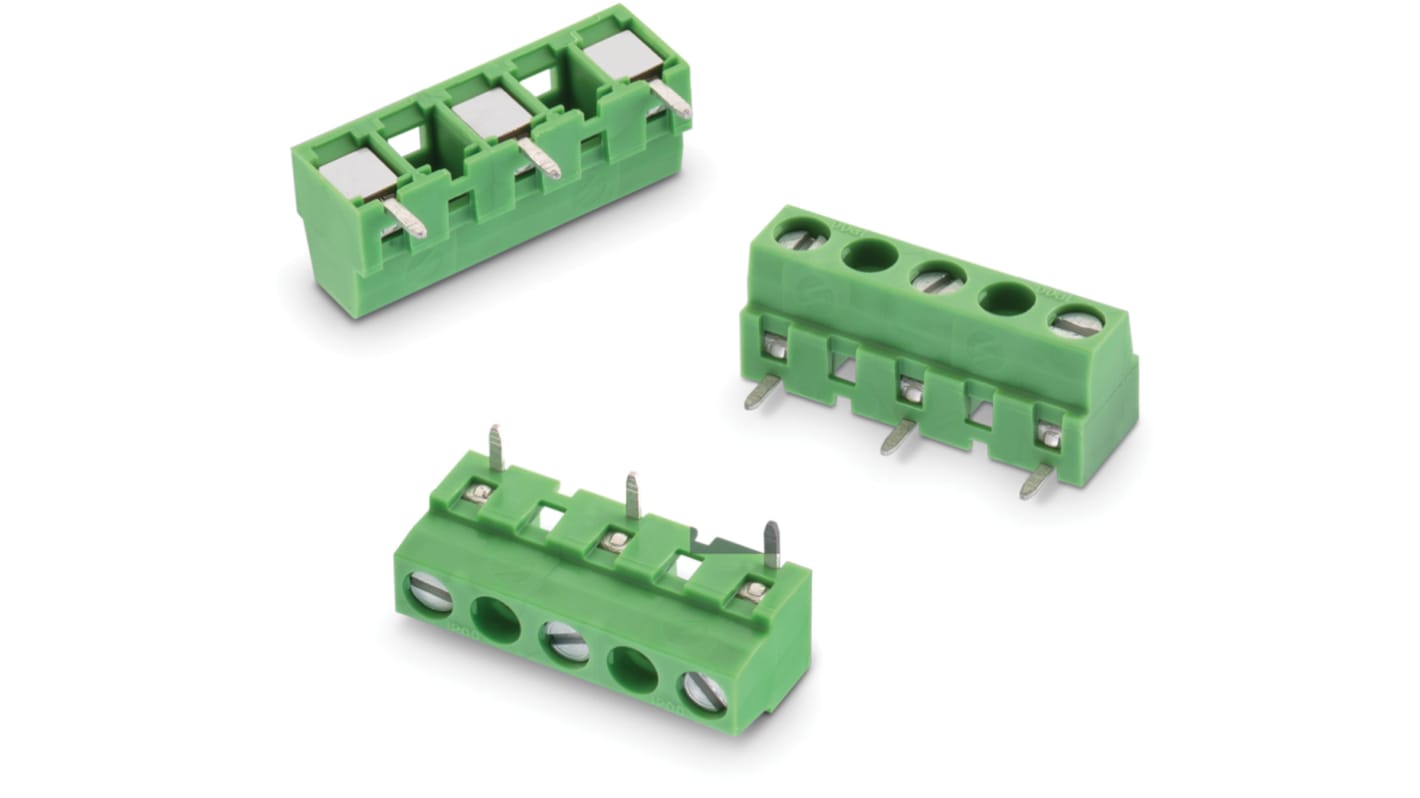 Borne para PCB Macho Wurth Elektronik de 10 vías , paso 10mm, 14A, de color Verde, montaje en PCB, terminación Soldador