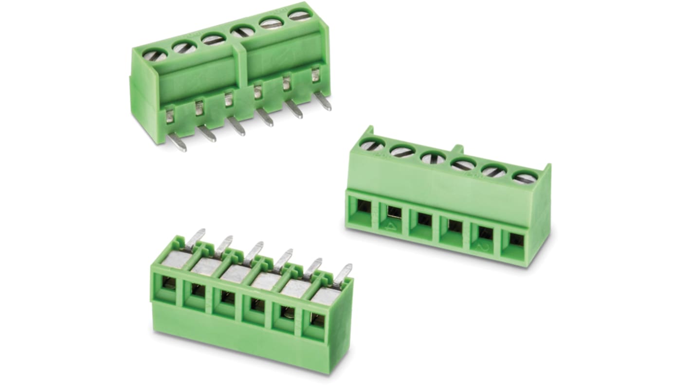 Borne para PCB Macho Wurth Elektronik de 6 vías , paso 3.5mm, 10A, de color Verde, montaje en PCB, terminación Soldador