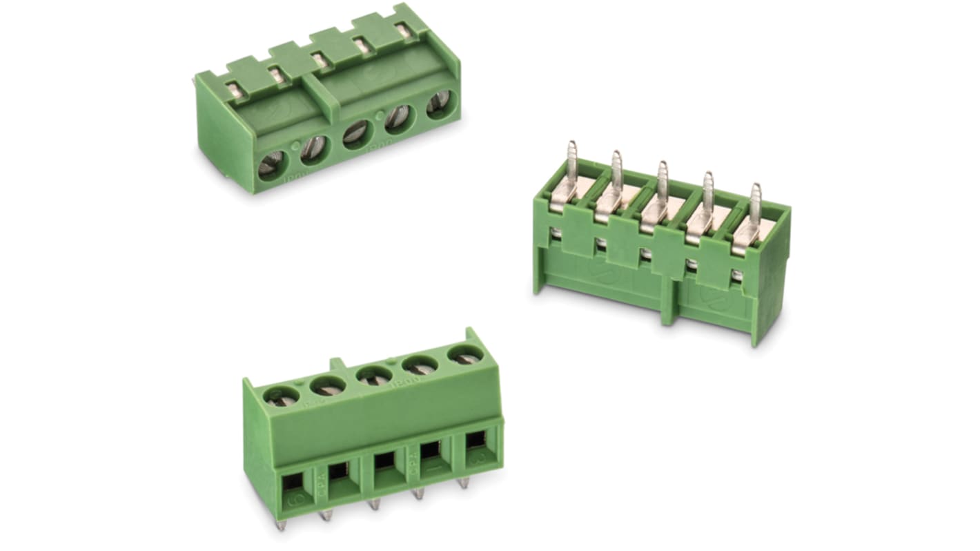 Borne para PCB Macho Wurth Elektronik de 9 vías , paso 3.81mm, 10A, de color Verde, montaje en PCB, terminación Soldador