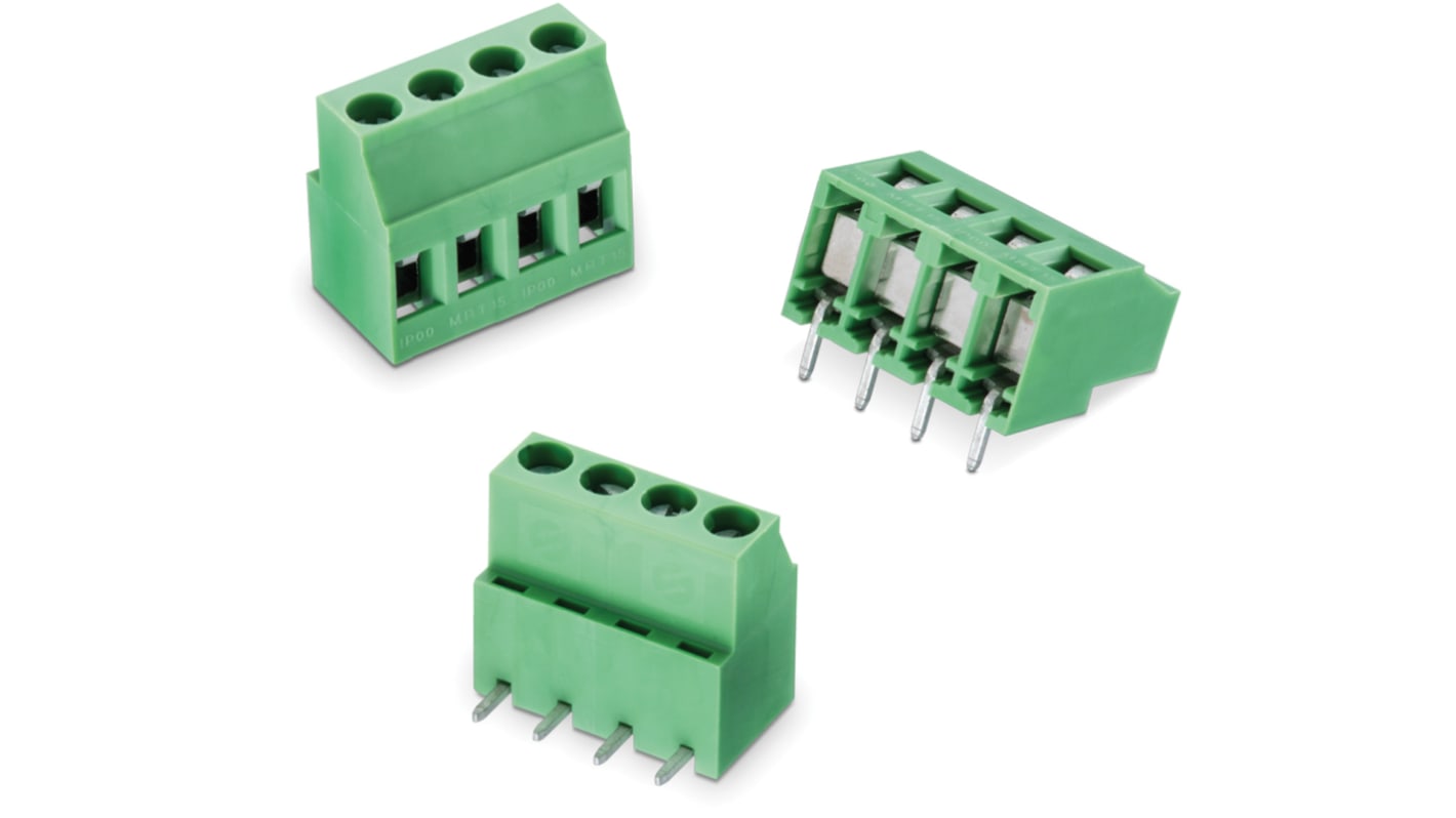 Borne para PCB Macho Wurth Elektronik de 5 vías , paso 5mm, 16A, de color Verde, montaje en PCB, terminación Soldador