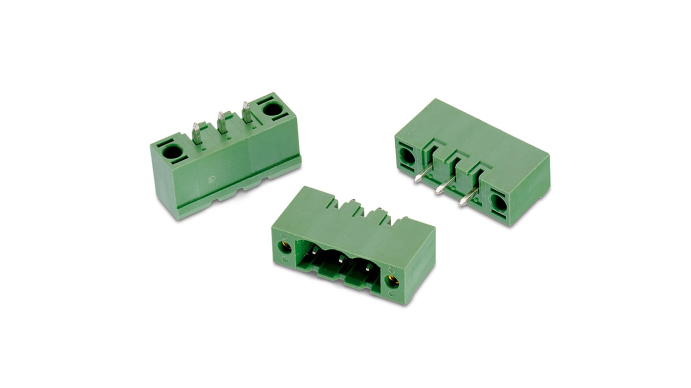 Conector macho para PCB Ángulo recto Wurth Elektronik serie WR-TBL de 3 vías, 1 fila, paso 5.0mm, para soldar, Montaje