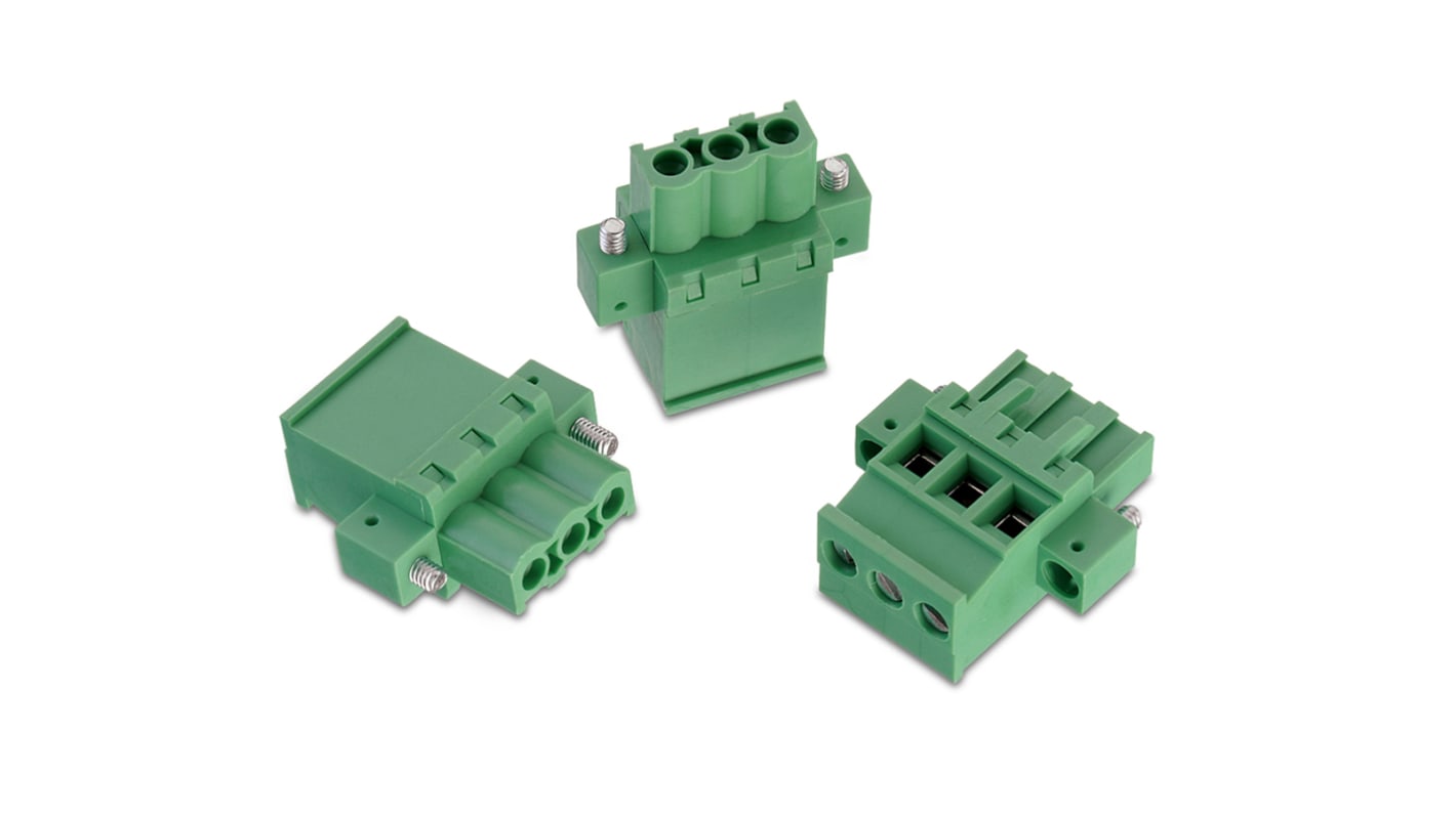 Borne para PCB Wurth Elektronik de 2 vías , paso 5mm, 15A, de color Verde, montaje de cable, terminación Soldador