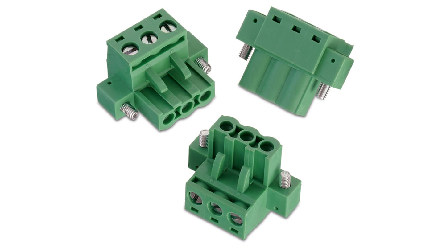 Borne para PCB Wurth Elektronik de 8 vías , paso 5mm, 20A, de color Verde, montaje de cable, terminación Soldador