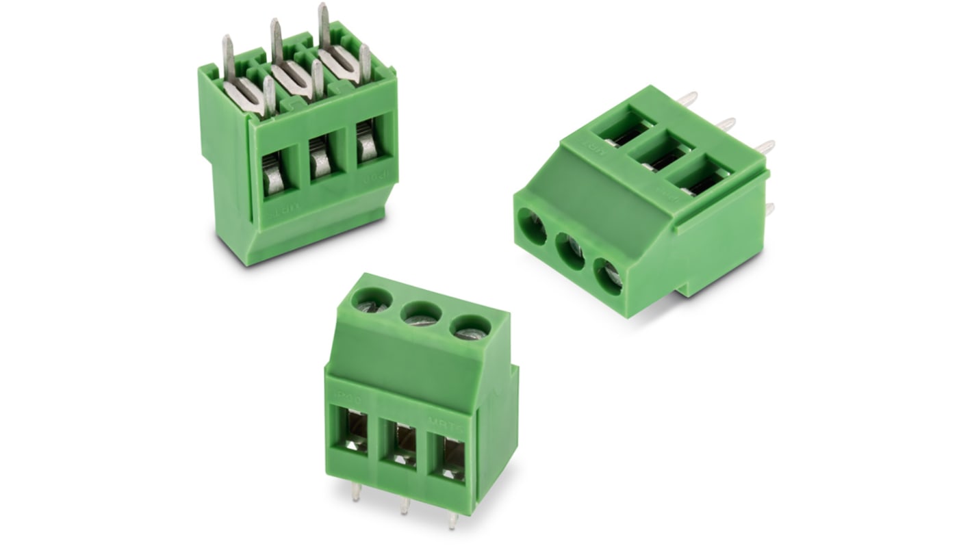 Borne para PCB Wurth Elektronik de 3 vías , paso 5mm, 16A, de color Verde, montaje Montaje en orificio pasante,