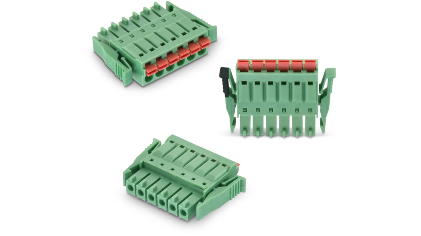 Borne para PCB Wurth Elektronik de 5 vías , paso 3.5mm, 12A, de color Verde, montaje de cable, terminación Soldador