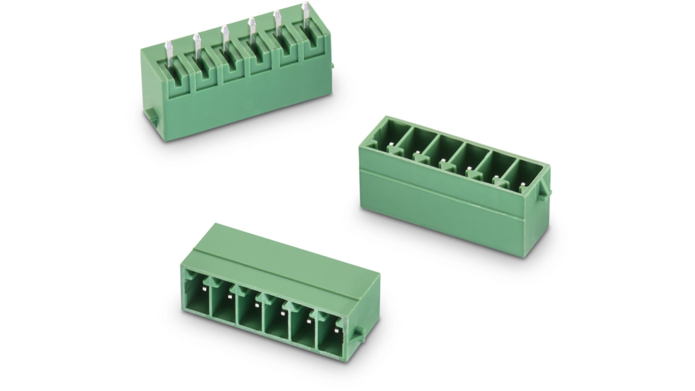 Borne para PCB Wurth Elektronik de 6 vías , paso 3.5mm, 12A, de color Verde, montaje Montaje en orificio pasante,