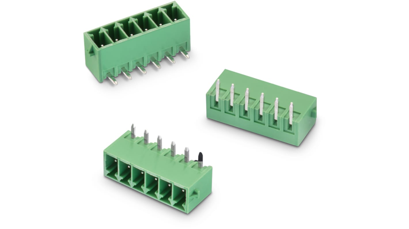 Borne para PCB Wurth Elektronik de 2 vías , paso 3.5mm, 12A, de color Verde, montaje Montaje en orificio pasante,