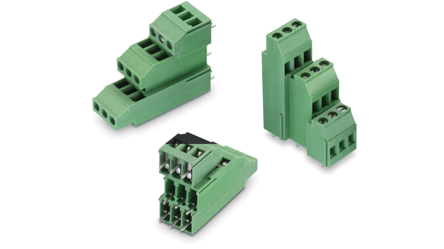 Borne para PCB Macho Wurth Elektronik de 9 vías , paso 5.08mm, 20A, de color Verde, montaje en PCB, terminación Soldador