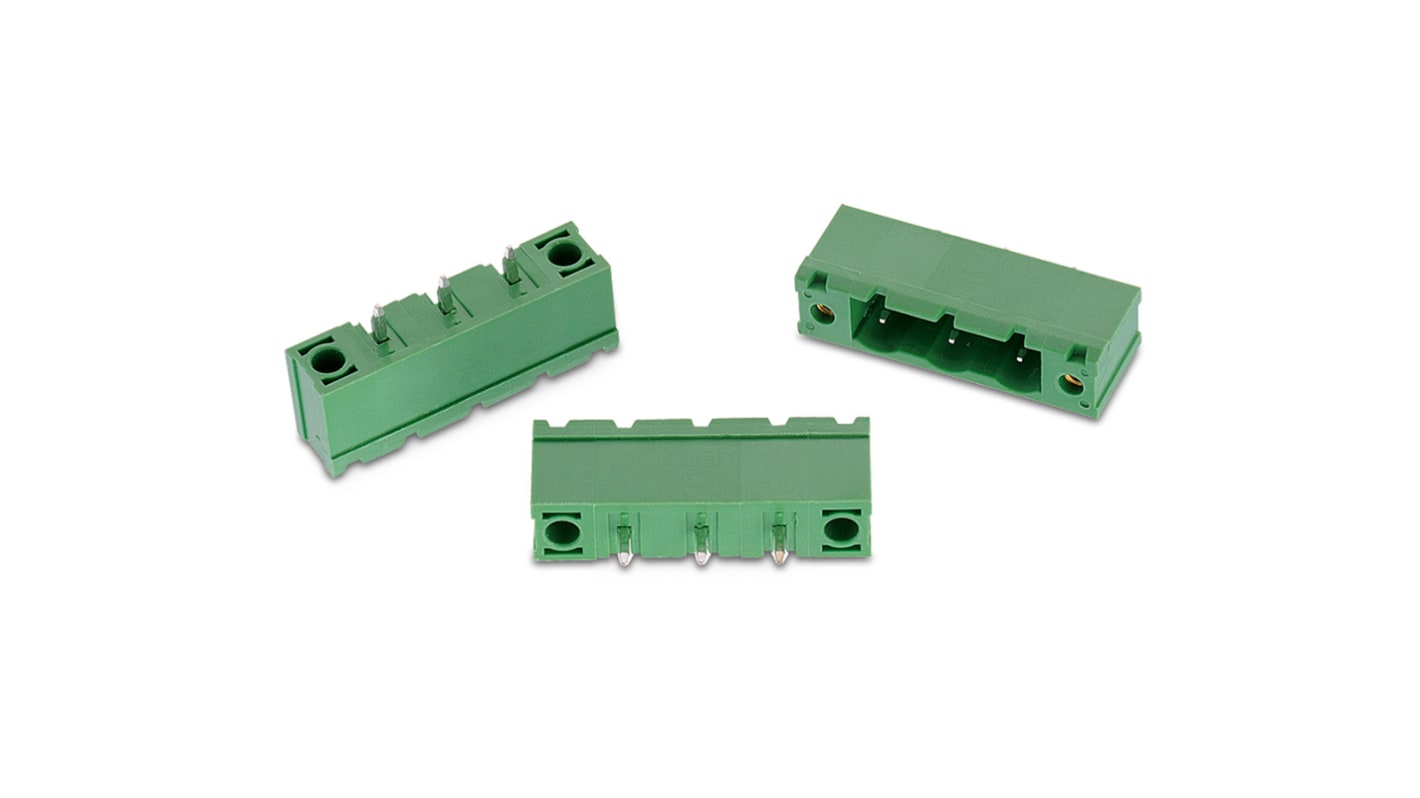 Conector macho para PCB Ángulo recto Wurth Elektronik serie WR-TBL de 2 vías, 1 fila, paso 7.62mm, para soldar, Montaje