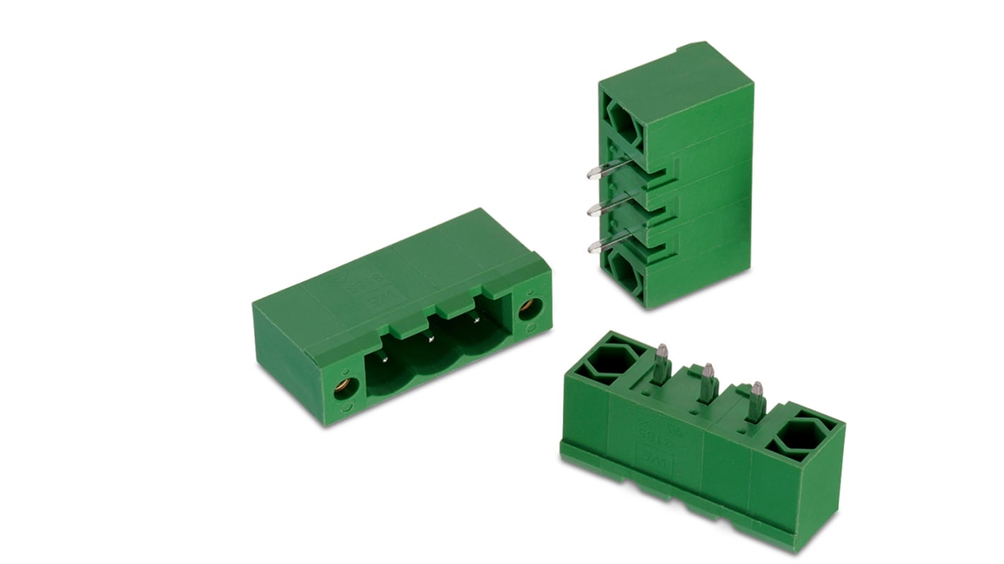 Conector macho para PCB Ángulo recto Wurth Elektronik serie WR-TBL de 5 vías, 1 fila, paso 5.08mm, para soldar, Montaje