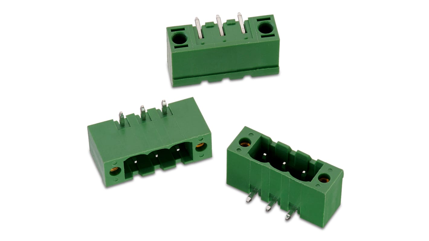 Conector macho para PCB Ángulo recto Wurth Elektronik serie WR-TBL de 2 vías, 1 fila, paso 5.0mm, para soldar, Montaje