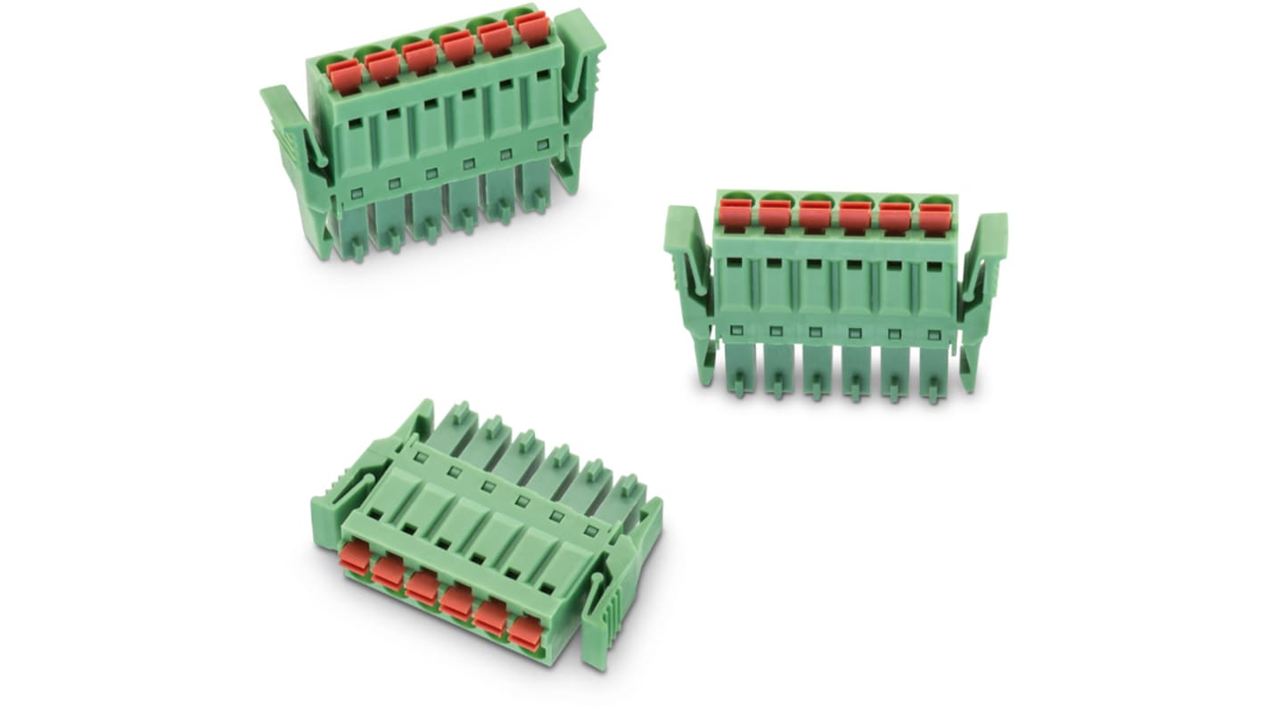 Borne para PCB Wurth Elektronik de 7 vías , paso 3.81mm, 12A, de color Verde, montaje de cable, terminación Soldador